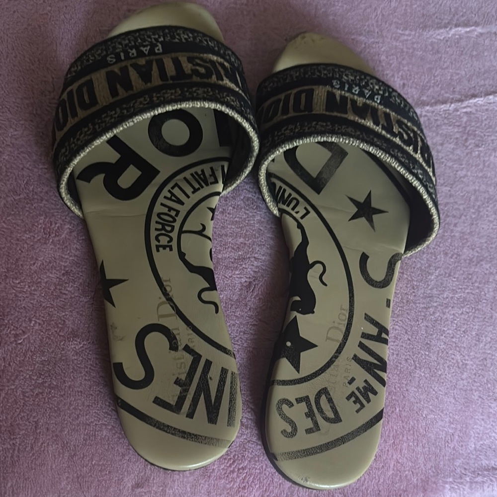 Dior Black and Gold Embroidered Slides